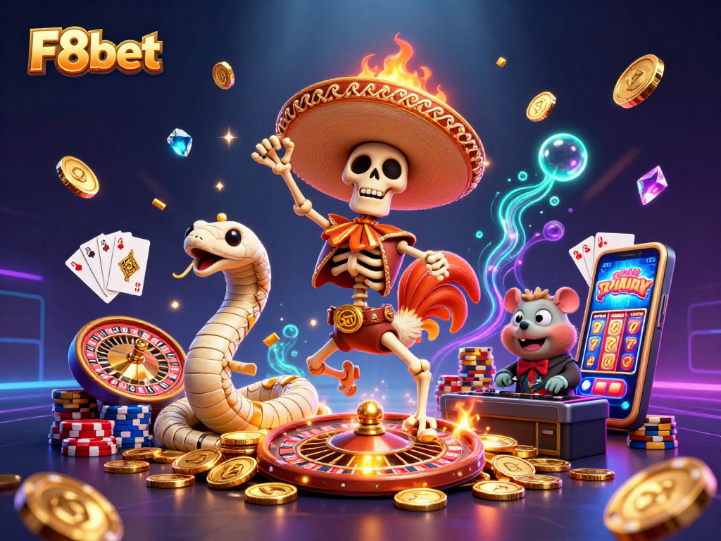 Experience vibrant gameplay with F8bet amidst a dynamic casino scene filled with golden coins and lively characters.