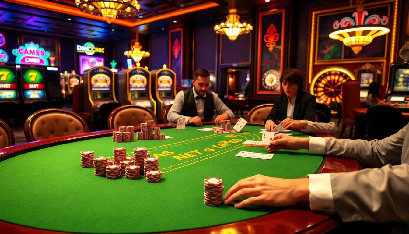 High-stakes poker action at CM88 casino with luxurious decor and vibrant atmosphere.