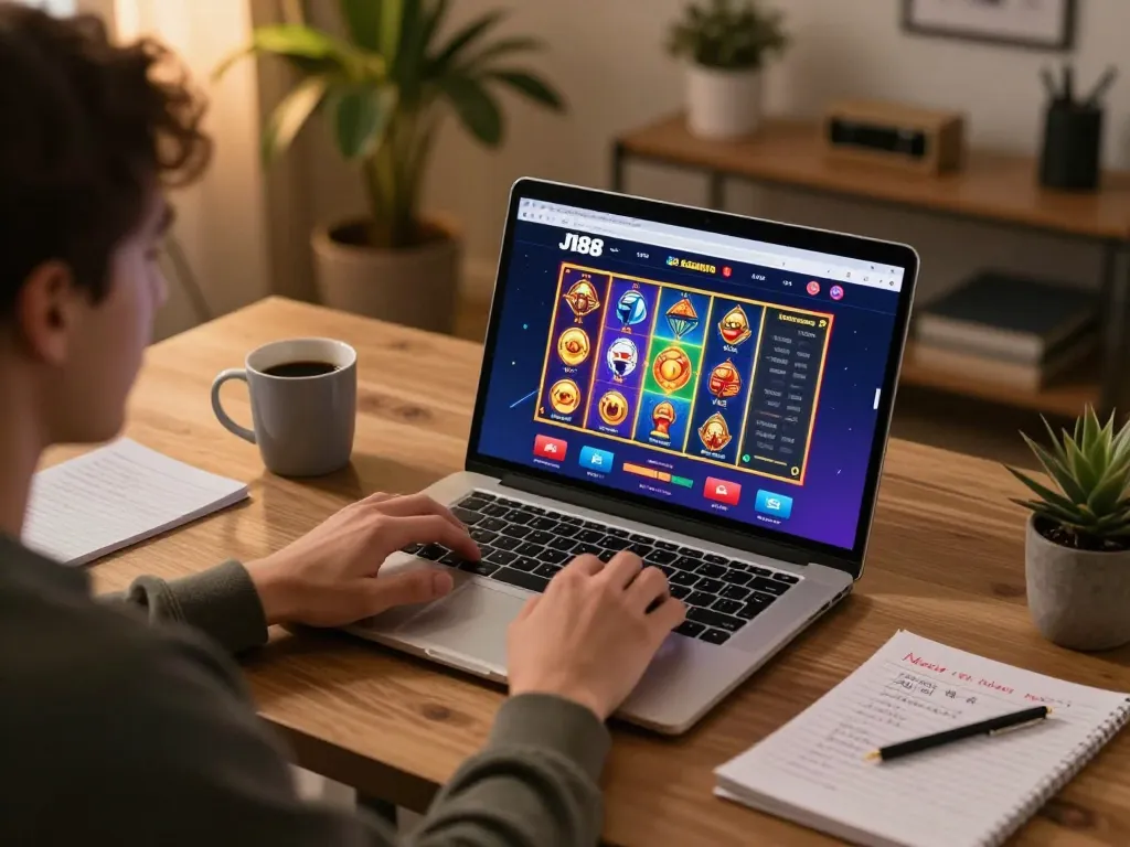 Player engaged with the j188 online casino app, surrounded by strategy notes, showcasing a cozy gaming atmosphere.