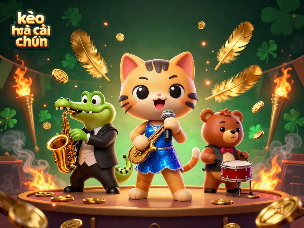 Engage with kèo nhà cái chuẩn in a vibrant casino scene featuring a singing cat, croc with sax, and a drumming bear...