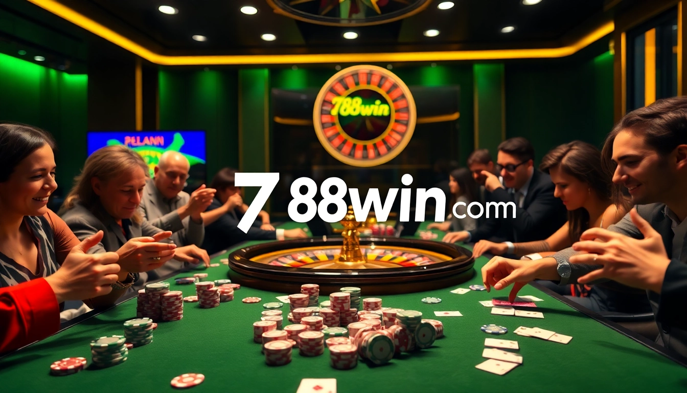 Experience the excitement of 78win com at a luxurious casino table with vibrant poker chips and cards.