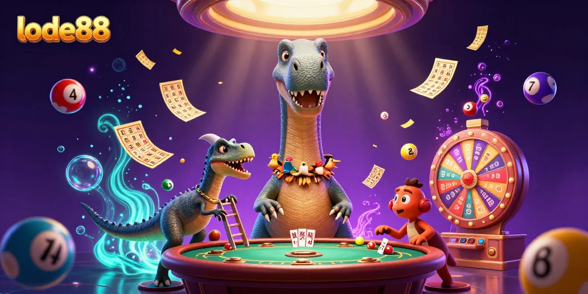 Win big with lode88 while a dinosaur oversees a vibrant casino scene full of excitement.
