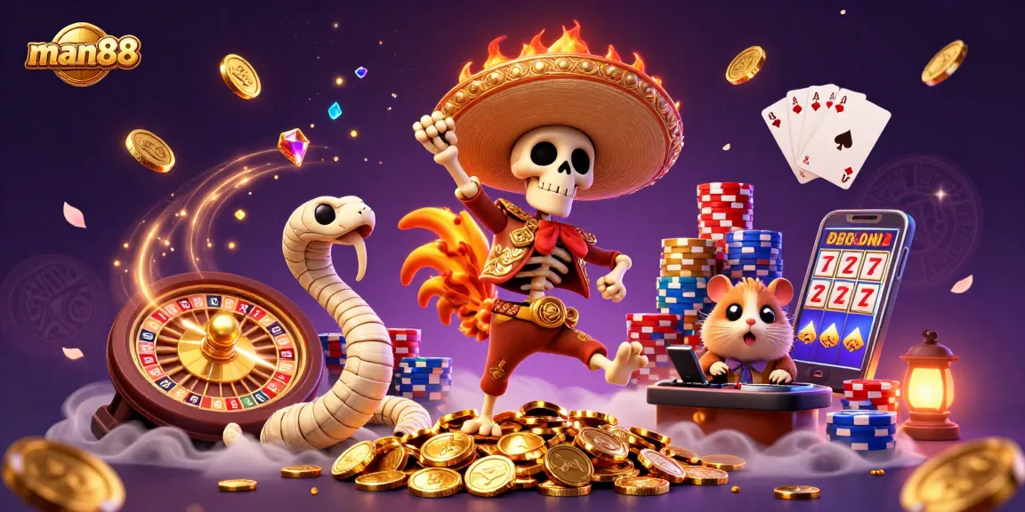 man88 showcases thrilling 3D casino action with unique cartoon characters dancing amidst a flurry of coins.