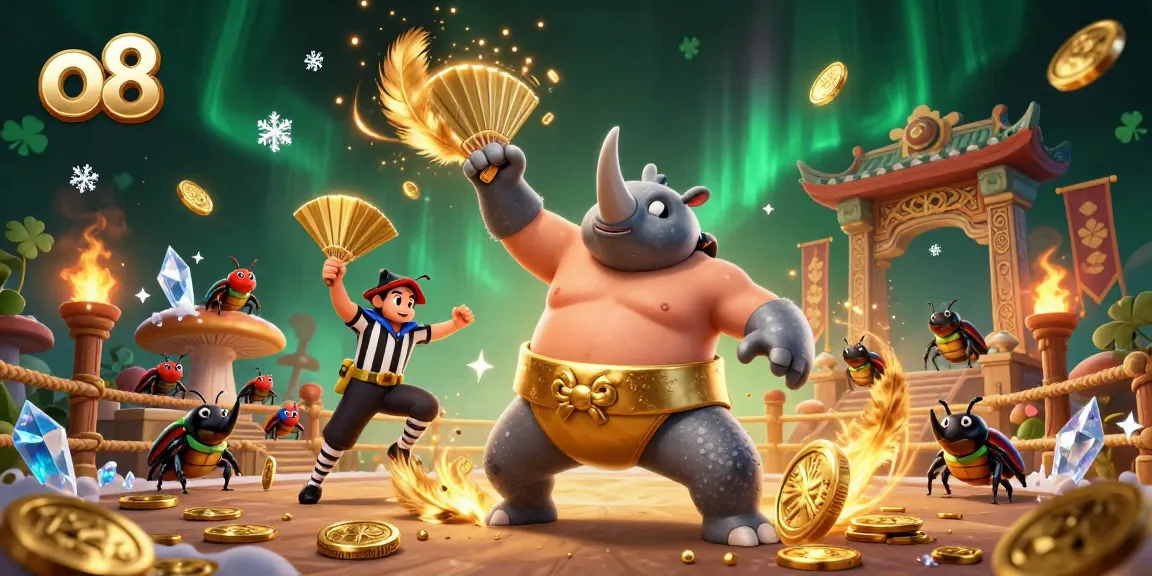 Experience the thrill of gaming at o8 with a vibrant casino scene featuring a sumo beetle champion.