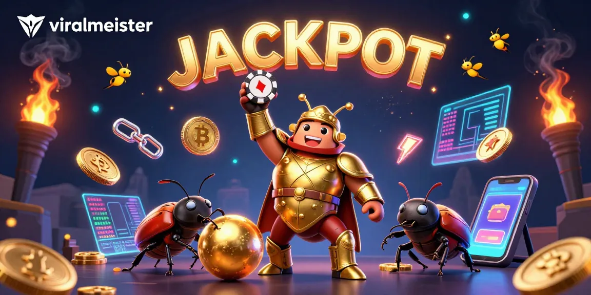 Experience viralmeister's thrilling online gaming with a victorious beetle lifting a poker chip.