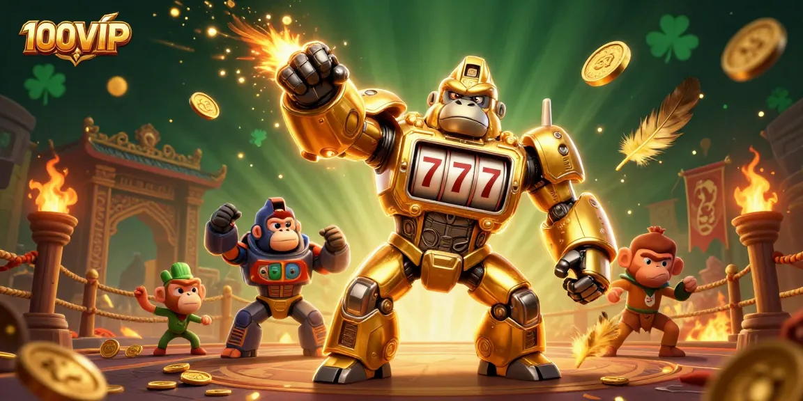 Experience the thrill of winning with 100VIP's dynamic 3D casino illustration featuring a golden mech and slots.